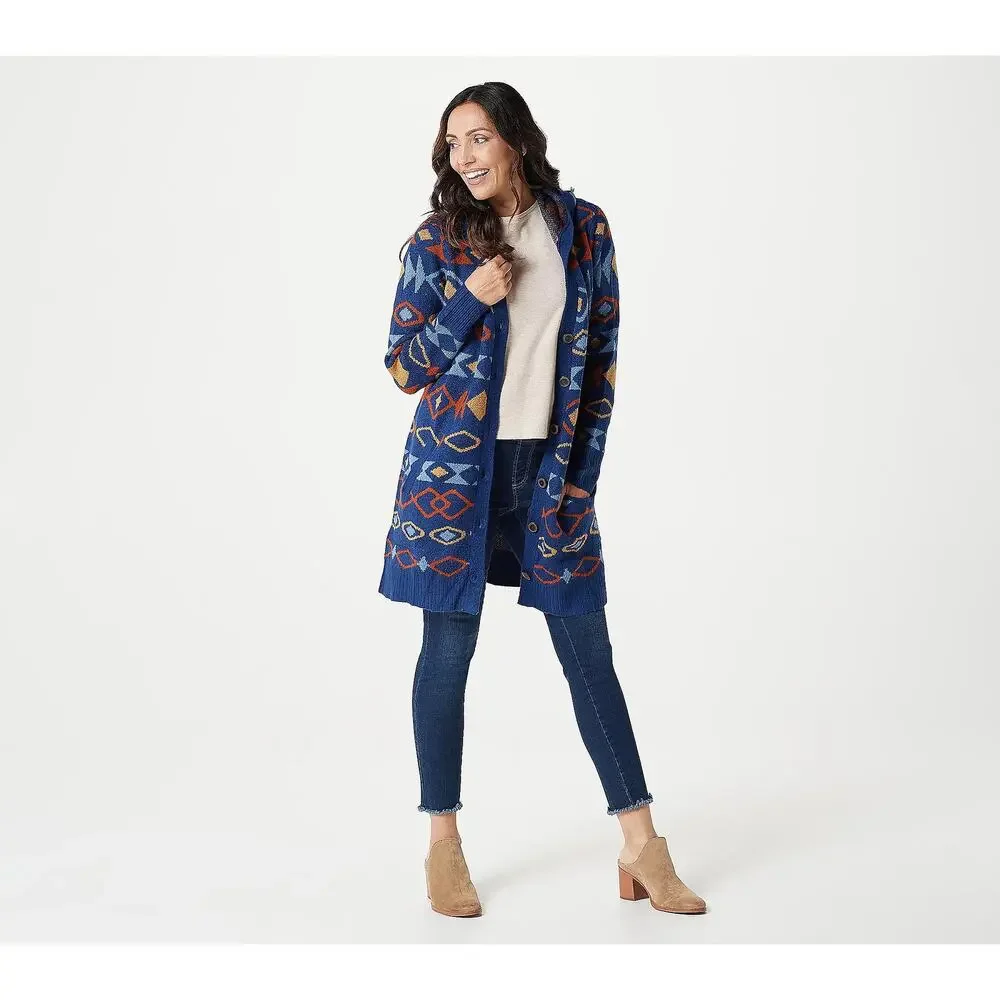 Denim&Co Jacquard Button Front Hood Sweater Cardigan Night Sky XS New